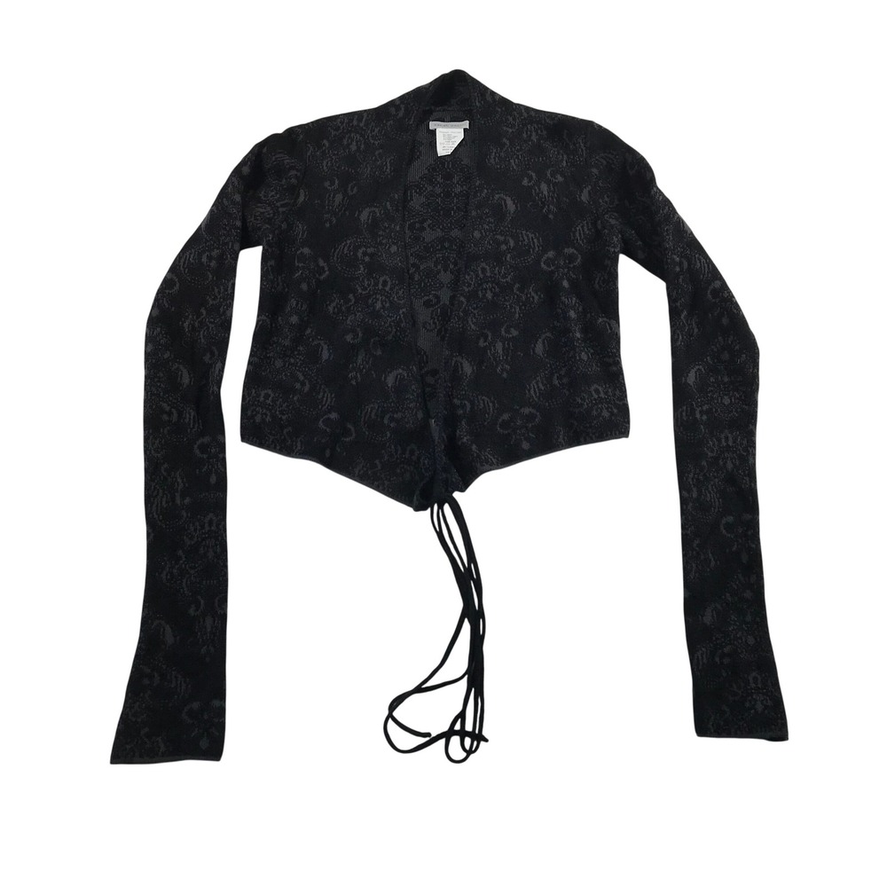 Sarah Pacini Damask Jacquard Cropped Cardigan Tie Front Italy One Size Black